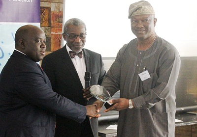 (L-r): Oluwaseyi Ogunlaru, senior manager, Tech. Services, Aiico Plc, Foluso Phillips, chairman and chief executive officer, Phillips Consulting and Jimi Agbaje, at the Web Jurist Award Version 11.0 held in Lagos on Thursday.